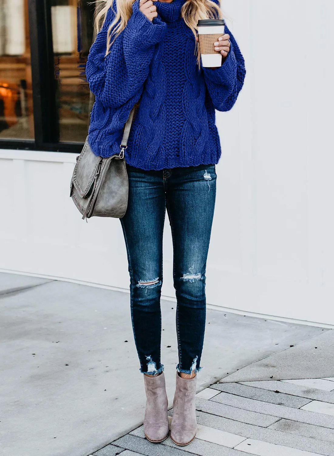 Black Women's Turtleneck Balloon Long Sleeve Casual Loose Chunky Cable Knit Pullover Sweater Outerwear - FARYSAYS