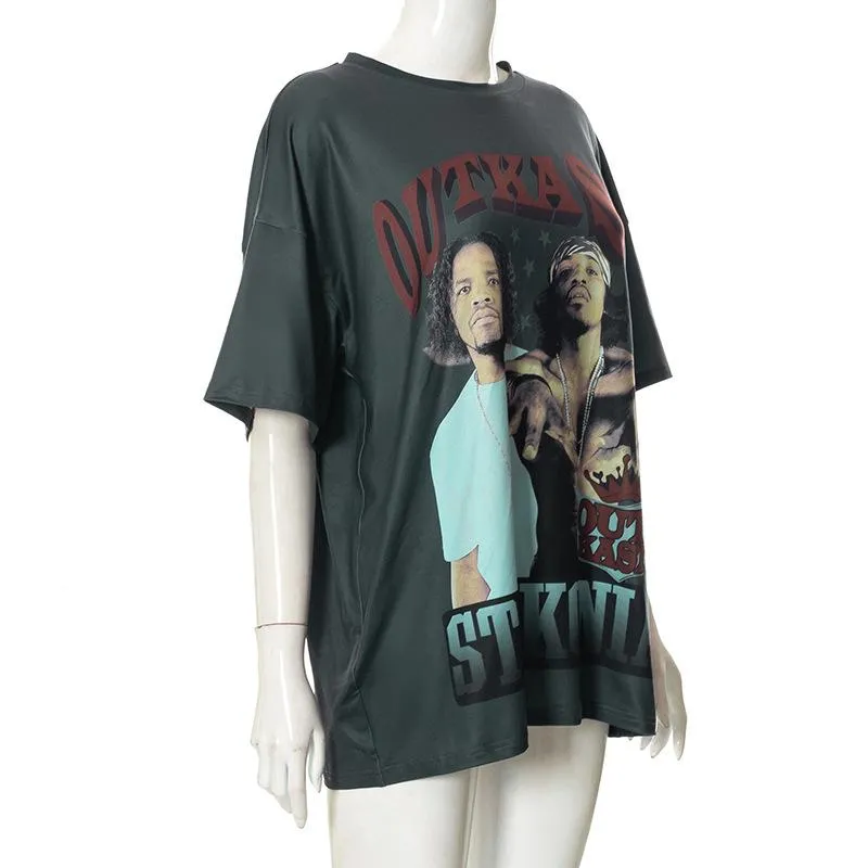 Contrast print short sleeve crewneck T-shirt top grunge 90s Streetwear Disheveled Chic Fashion grunge 90s Streetwear Distressed Fashion