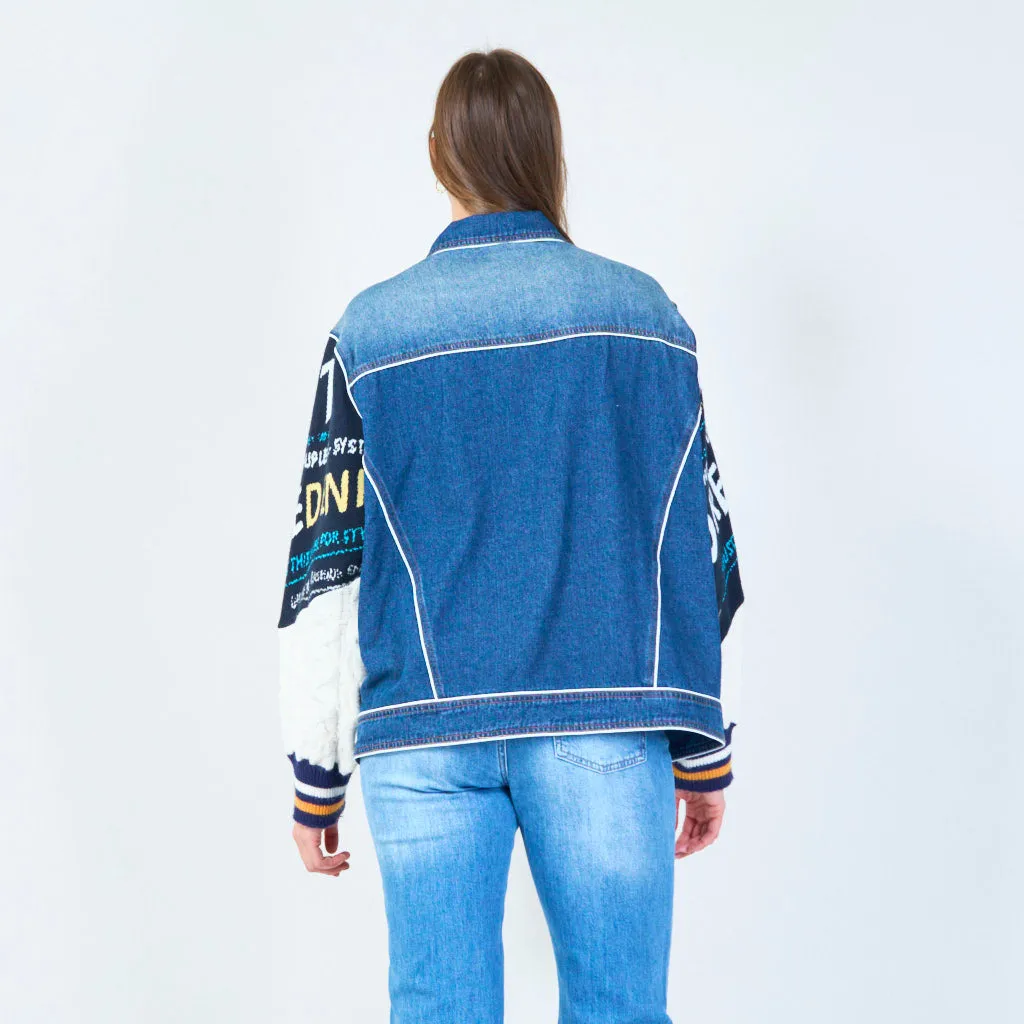 Denim jacket with embroidered sleeve details wholesale