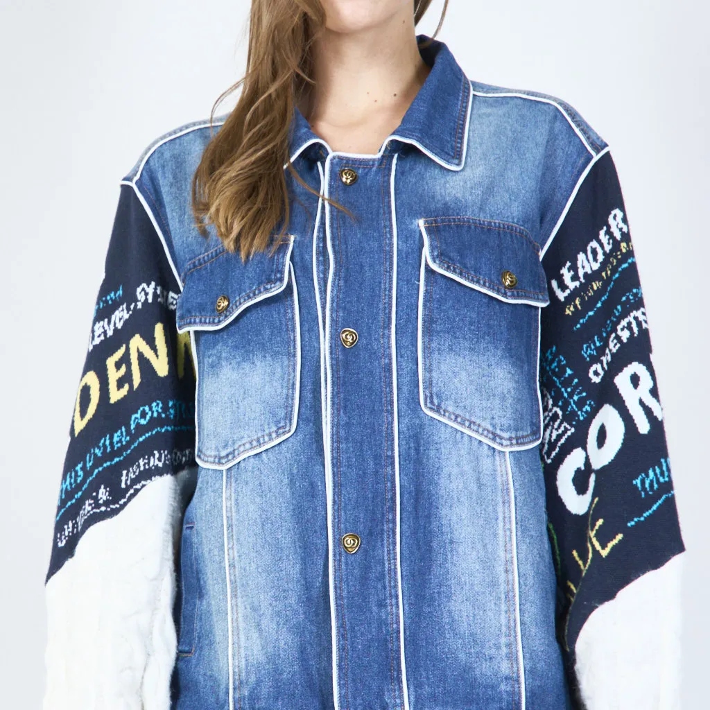 Denim jacket with embroidered sleeve details wholesale