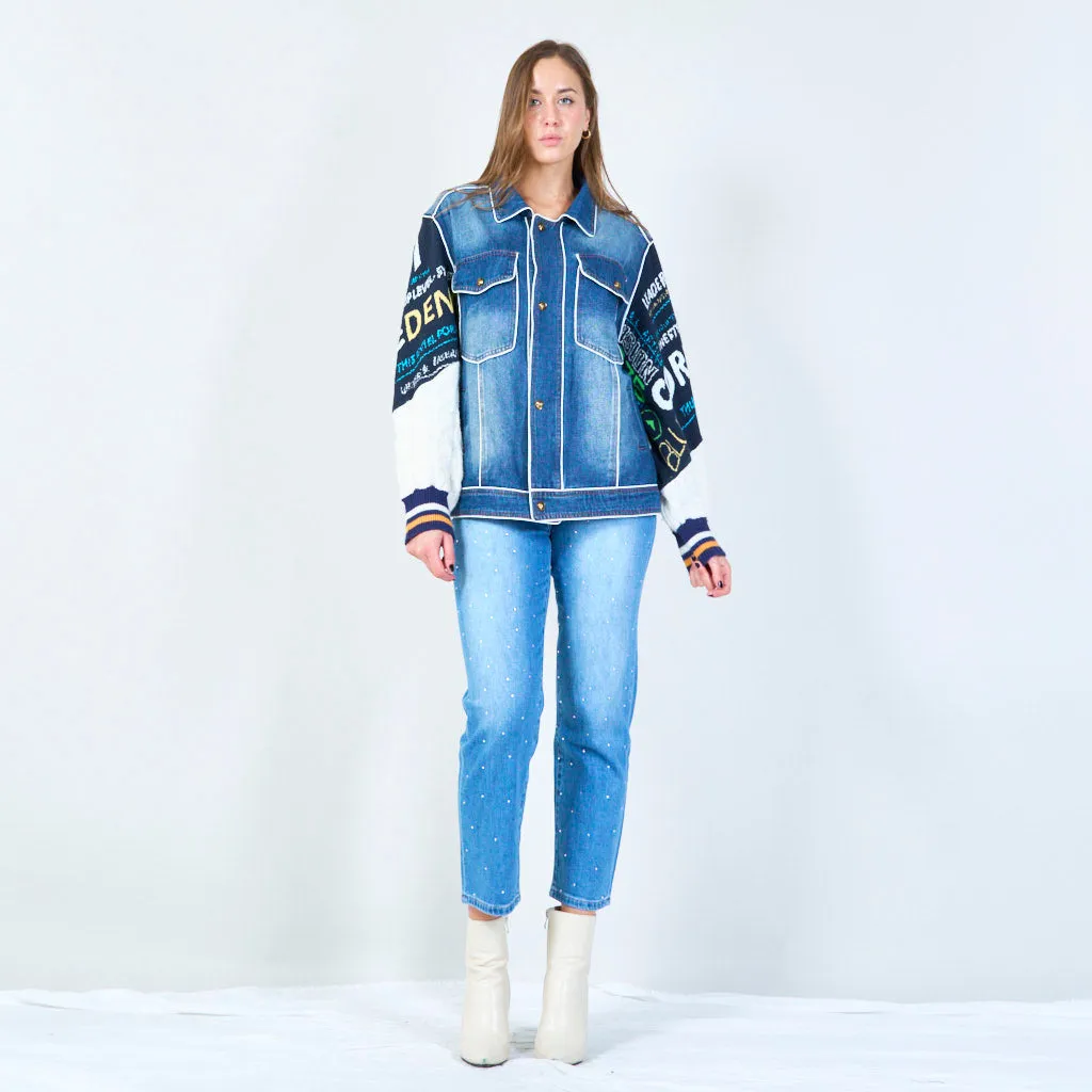 Denim jacket with embroidered sleeve details wholesale
