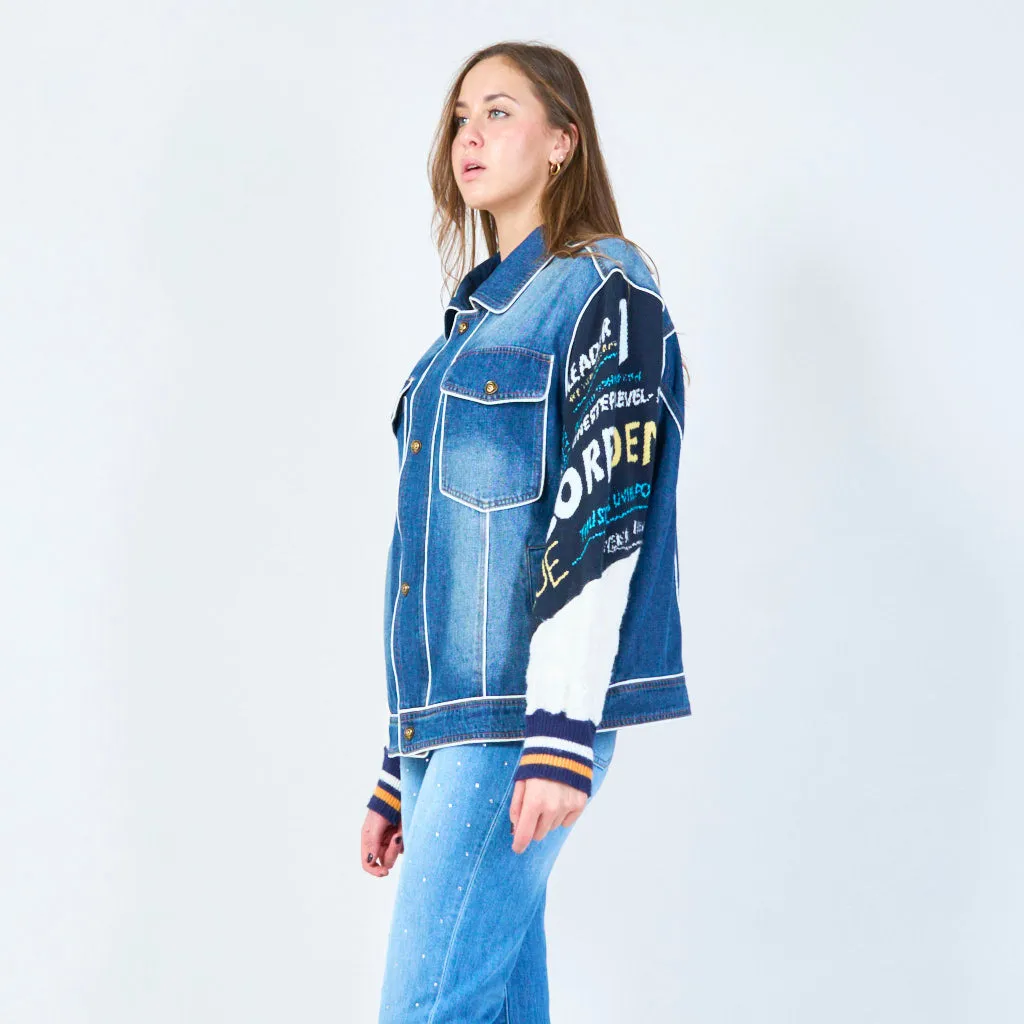 Denim jacket with embroidered sleeve details wholesale