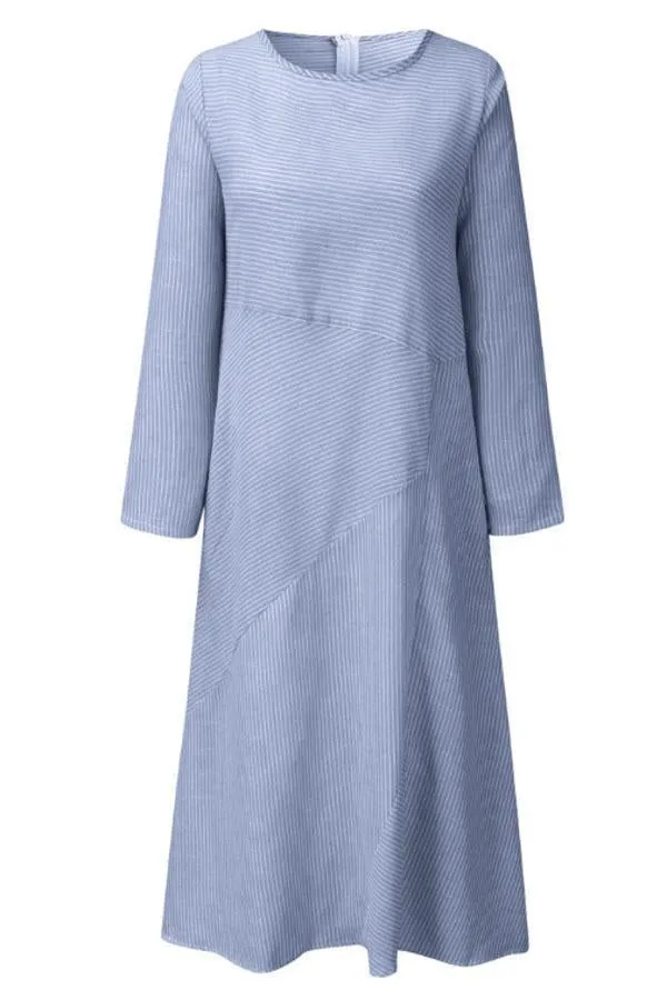 Dunnmall Stripe Side Pockets Long Sleeves Midi Dress