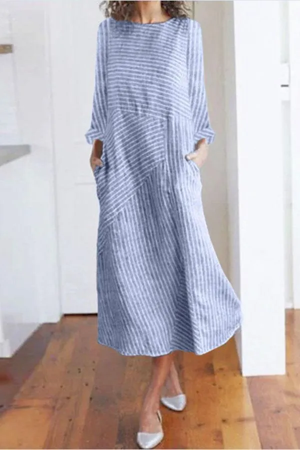 Dunnmall Stripe Side Pockets Long Sleeves Midi Dress