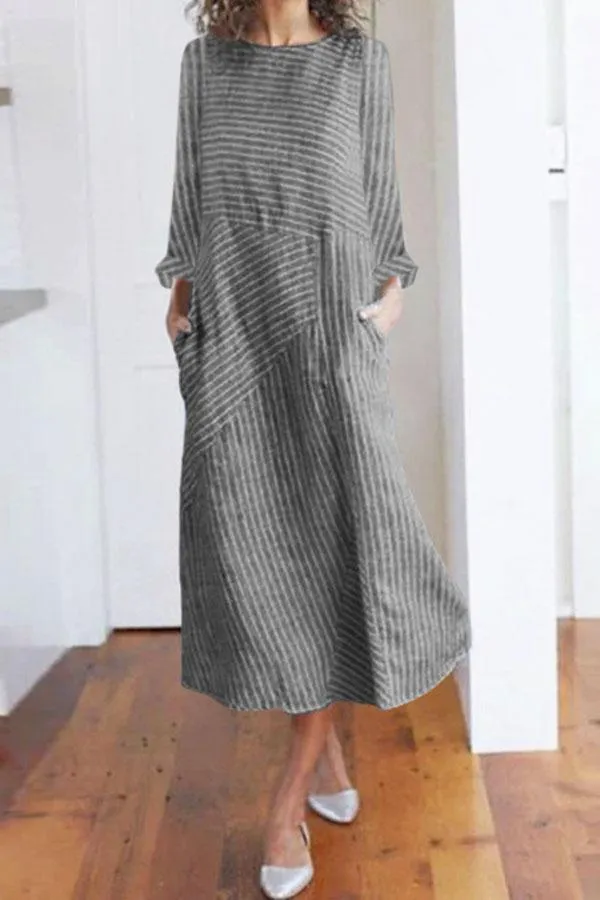 Dunnmall Stripe Side Pockets Long Sleeves Midi Dress