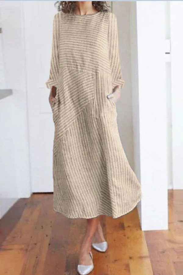 Dunnmall Stripe Side Pockets Long Sleeves Midi Dress