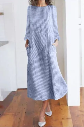 Dunnmall Stripe Side Pockets Long Sleeves Midi Dress