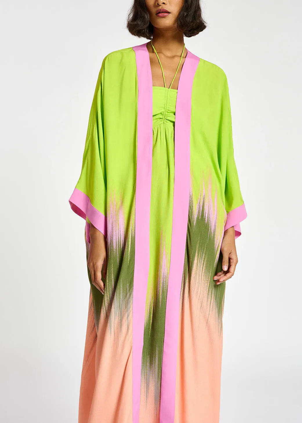 Lime green, peach and khaki kimono with dip-dyed effect