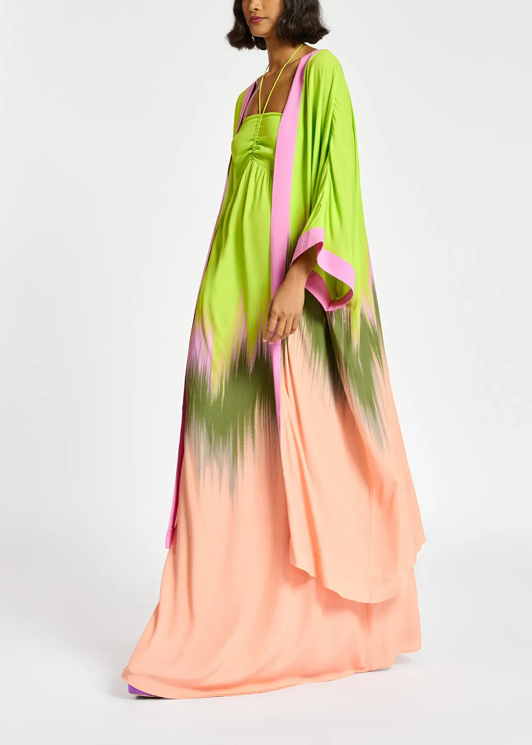 Lime green, peach and khaki kimono with dip-dyed effect
