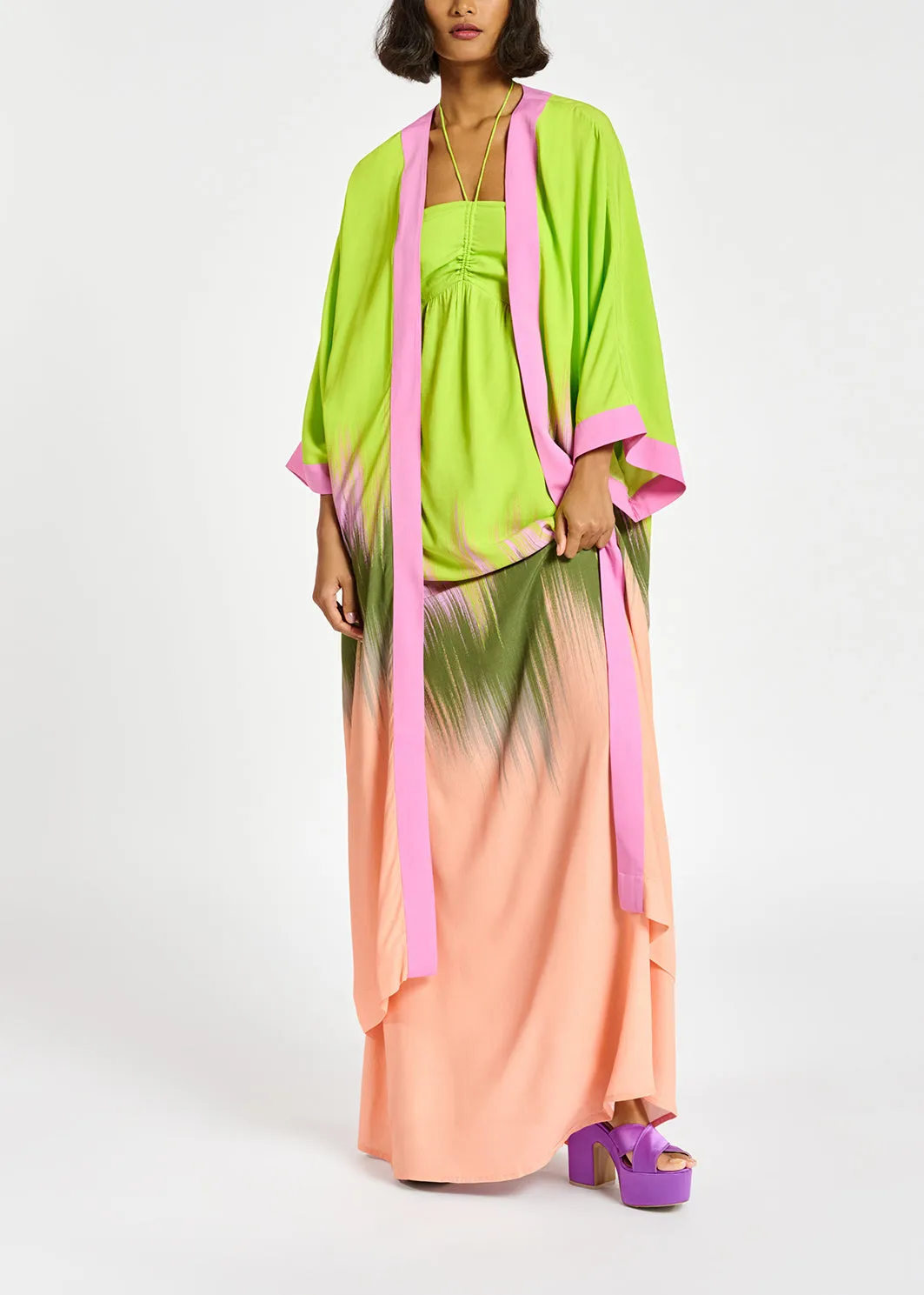 Lime green, peach and khaki kimono with dip-dyed effect