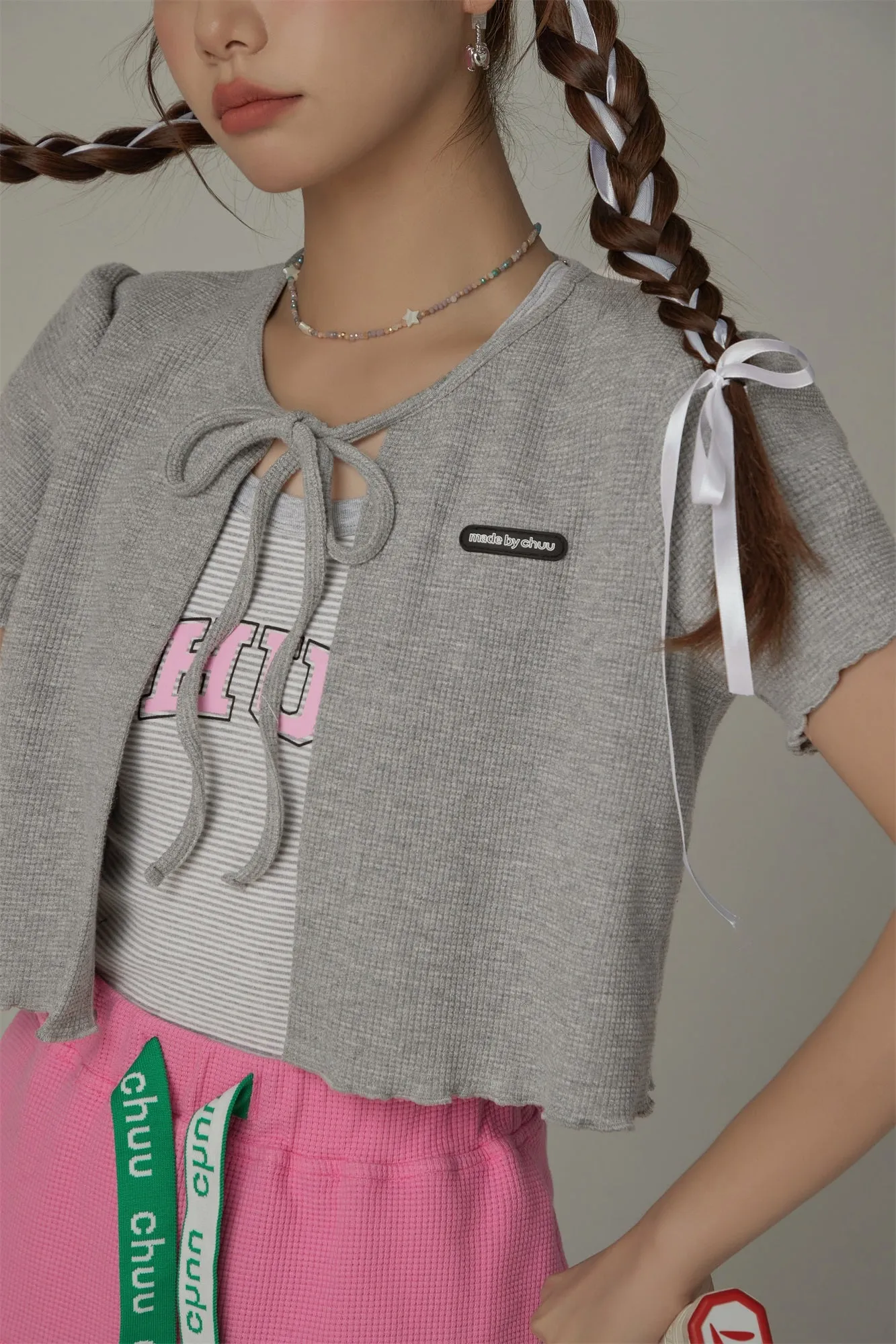 Ribbon Lettuce Hem Crop Cardigan