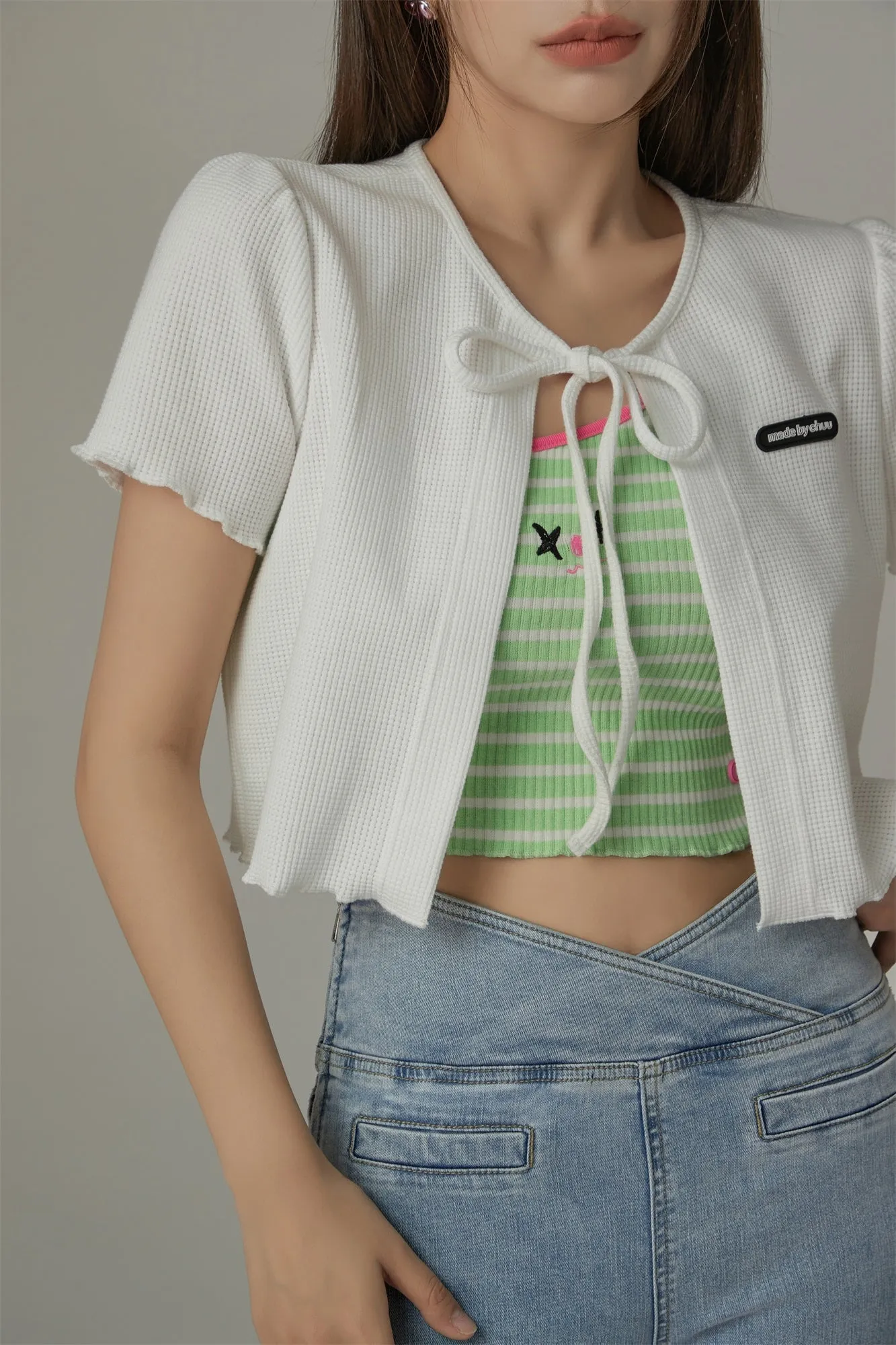 Ribbon Lettuce Hem Crop Cardigan