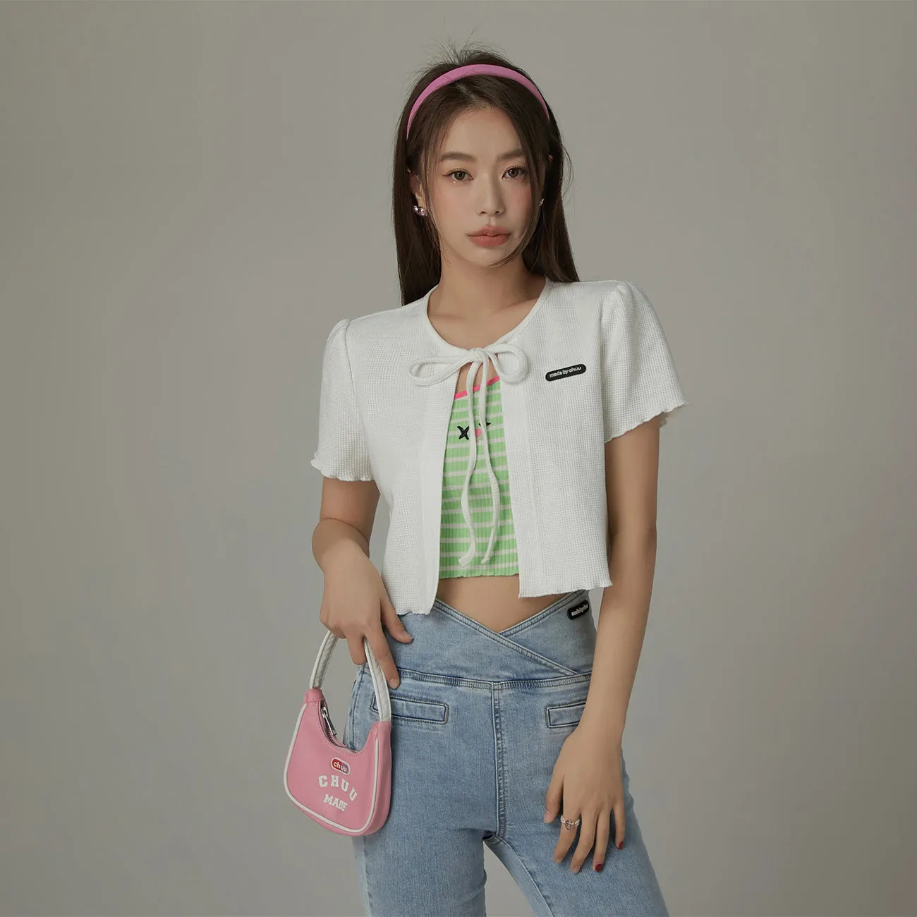 Ribbon Lettuce Hem Crop Cardigan