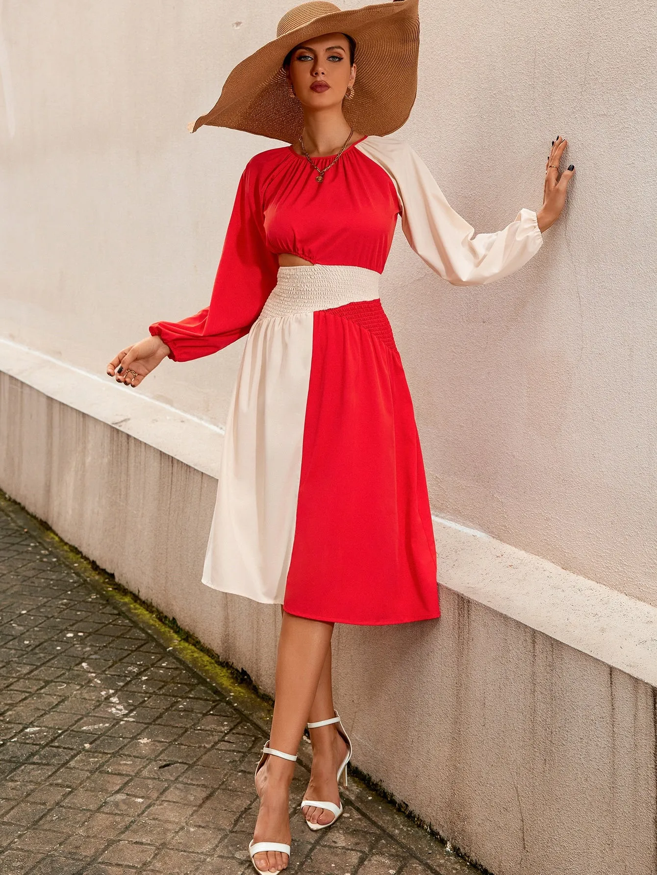 Two Tone Shirred Cut Out Raglan Sleeve Dress