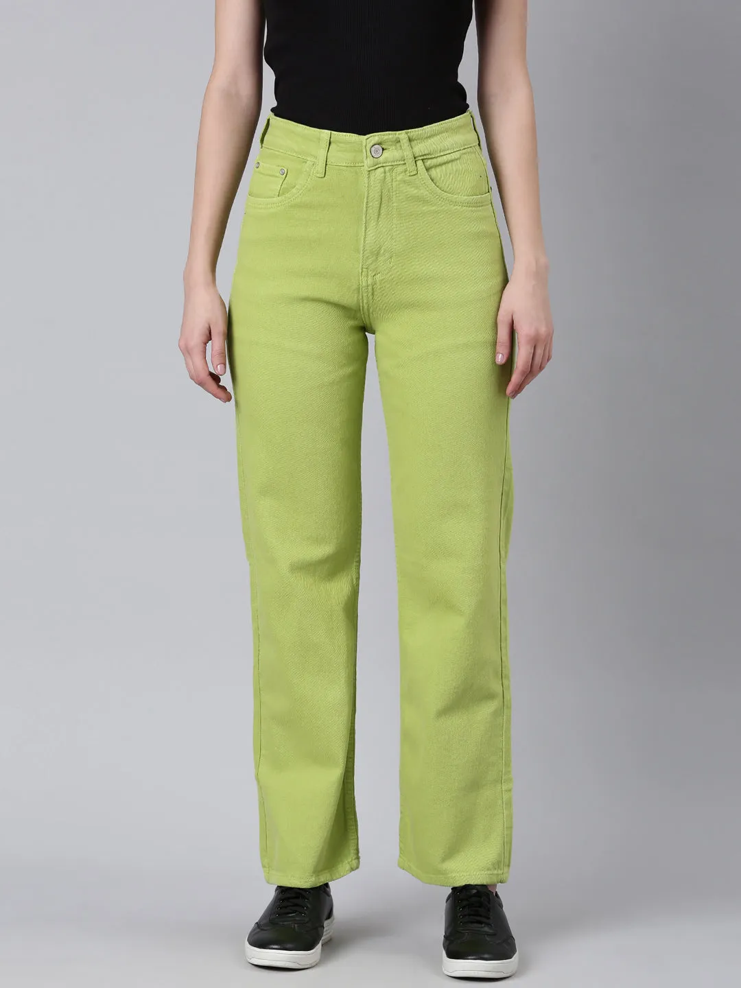 Women Lime Green Solid Straight Fit Denim Jeans